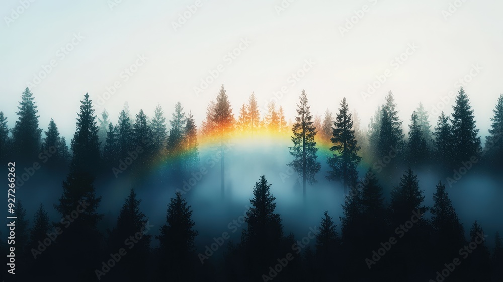 Obraz premium A white rainbow glowing above a foggy forest with trees barely visible through the mist