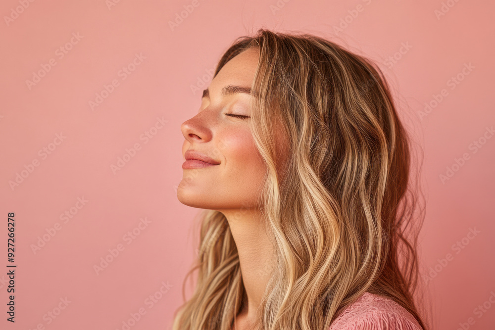 A close up of a woman's face with her eyes closed and long blond hair A close up of a woman's face with her eyes closed and long blond hair