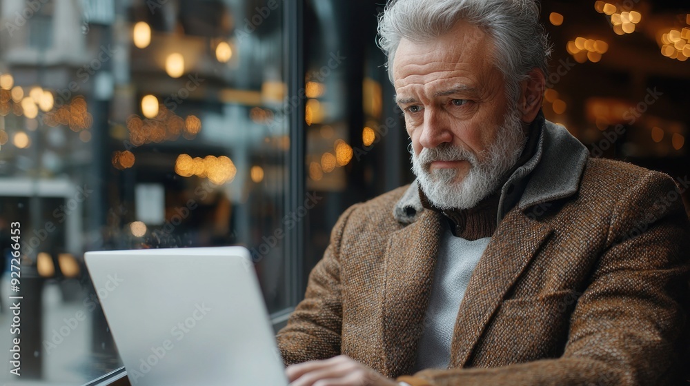 Senior businessman staring at laptop screen, thinking about business problem, reading email with new undesirable content, making decision, searching for solution, considering business start-up plan, l Senior businessman staring at laptop screen, thinking about business problem, reading email with new undesirable content, making decision, searching for solution, considering business start-up plan, l