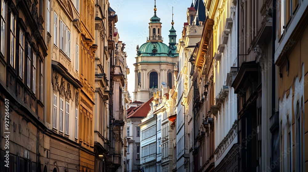 Historic charm of medieval architecture in the streets of Prague showcasing its iconic buildings and landmarks Historic charm of medieval architecture in the streets of Prague showcasing its iconic buildings and landmarks