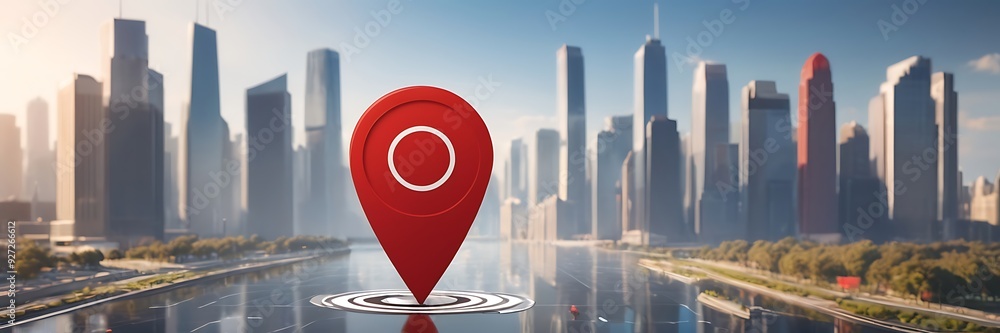 Red location marker on map over city background. Concept of navigation, geolocation technology, and urban planning Red location marker on map over city background. Concept of navigation, geolocation technology, and urban planning