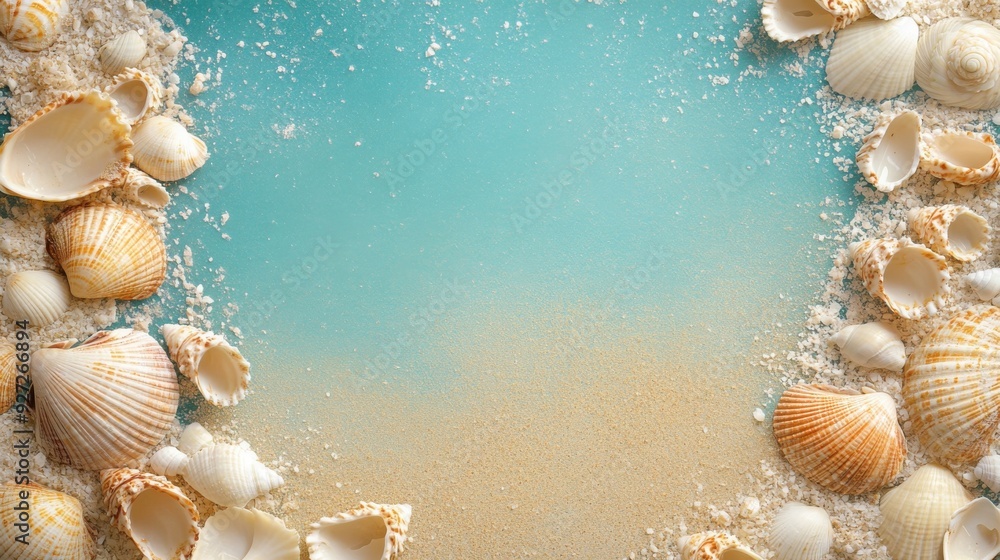 Obraz premium Seashells in the Sand: A tranquil beach scene unfolds with scattered seashells framing a soft, turquoise background, inviting dreams of seaside escapes and sun-kissed adventures. 