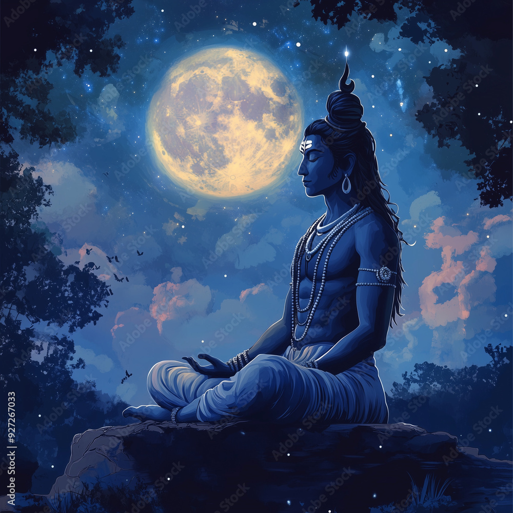 Shive Moon Illustration of lord shiva in a meditative pose of a night sky with a ...