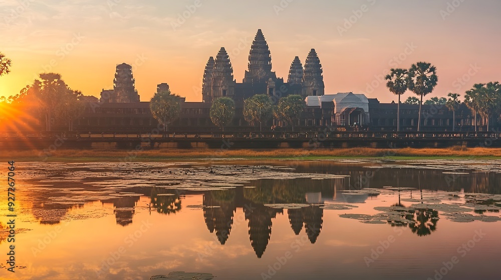 Fototapeta premium Majestic Angkor Wat Temples Reflected in the Calm Waters at Sunrise