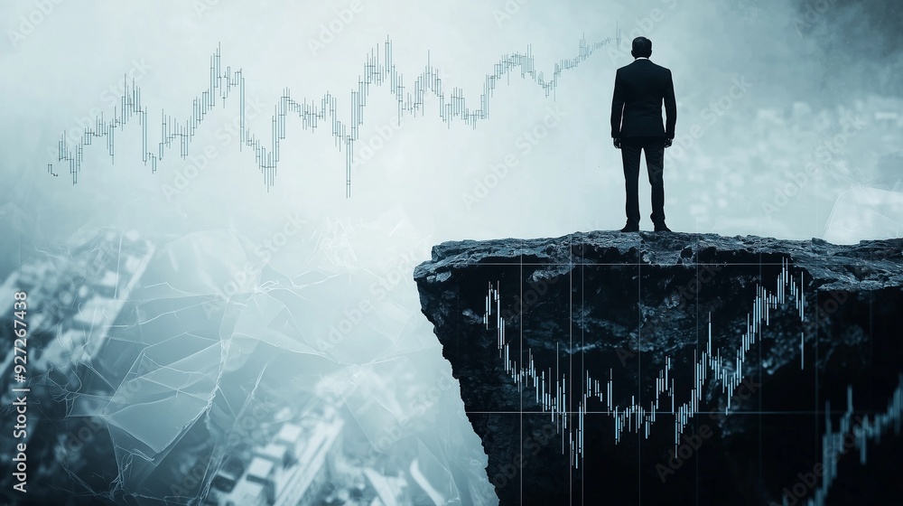 A lone figure stands on a cliff edge, overlooking fluctuating stock market graphs, symbolizing market volatility and uncertainty. A lone figure stands on a cliff edge, overlooking fluctuating stock market graphs, symbolizing market volatility and uncertainty.