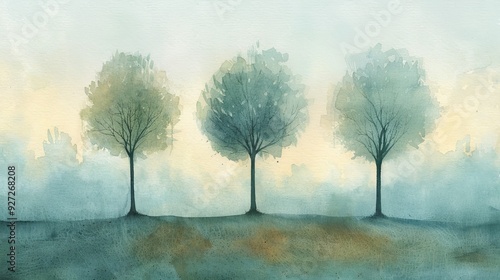 Watercolor trees landscape illustration. A peaceful scenery of three trees in a misty landscape. The watercolor art depicts a minimalist design, using a muted color palette for a tranquil feel.