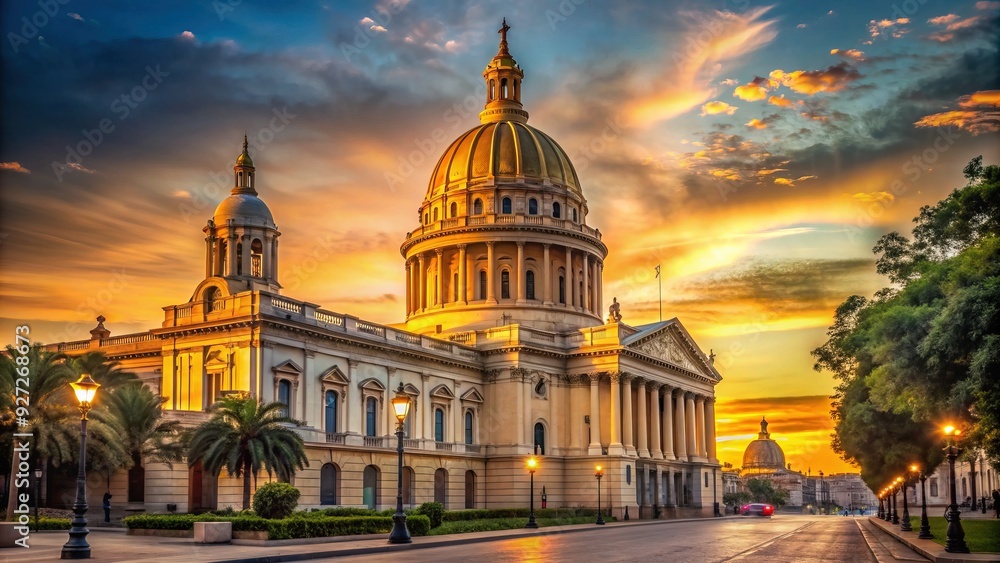 Fototapeta premium Historic Landmark with Neoclassical Facade and Majestic Dome in Soft Golden Light
