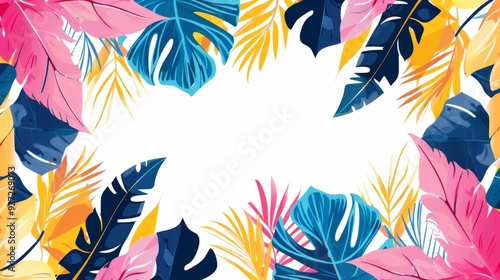 Tropical leaf border design. Brightly colored tropical leaves create a vibrant border for your designs. Perfect for summer-themed projects, invitations, or social media posts. photo