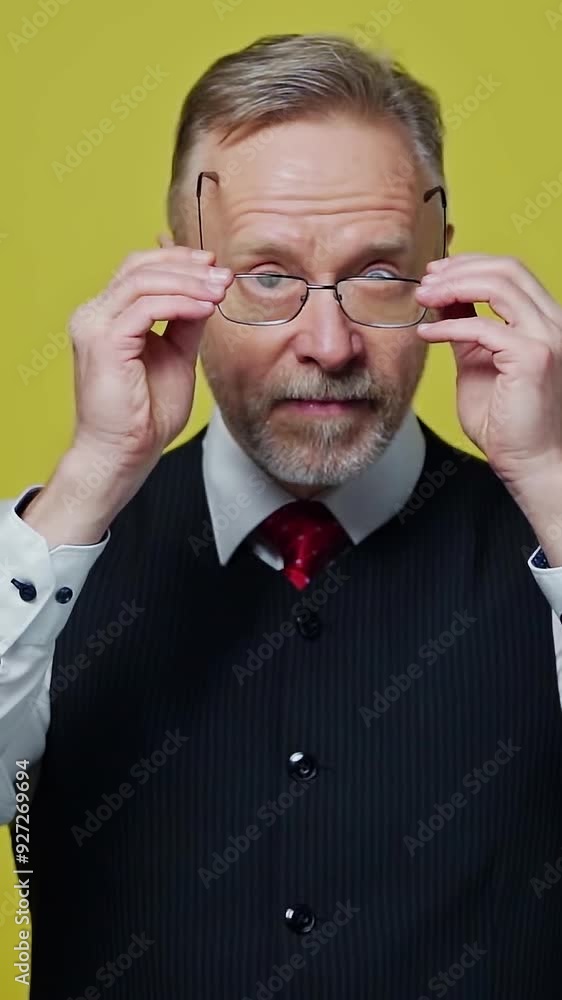 Portrait of a serious elderly man with glasses. Senior businessman putting on glasses and becomes happy on yellow background. Positive emotions. Vertical video Portrait of a serious elderly man with glasses. Senior businessman putting on glasses and becomes happy on yellow background. Positive emotions. Vertical video