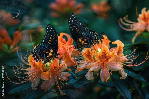 2 Doris Longwing Butterflies with Tropical Rhododendron simbu sunset flowers photo