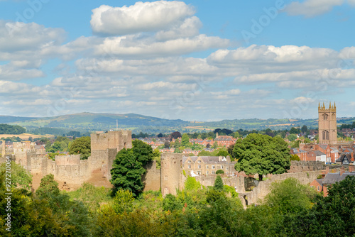 Ludlow town in Shropshire, UK on a Summer day from an elevated position with Castle and Church photo