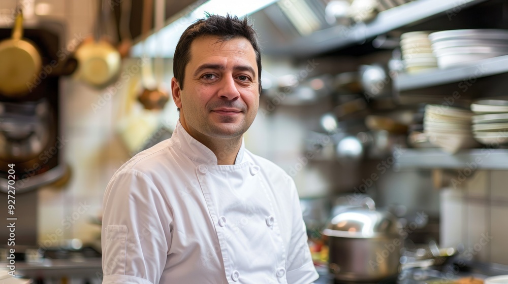 Professional chef portrait in kitchen. A smiling chef in a white uniform stands in a commercial kitchen, ready to prepare delicious food.