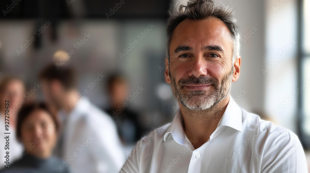 Confident man smiling in office. A portrait of a confident businessman with a friendly smile and casual attire, conveying a professional and approachable demeanor. Confident man smiling in office. A portrait of a confident businessman with a friendly smile and casual attire, conveying a professional and approachable demeanor.