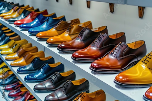 A variety of fashionable leather dress shoes for men on store shelves Business attire and accessories