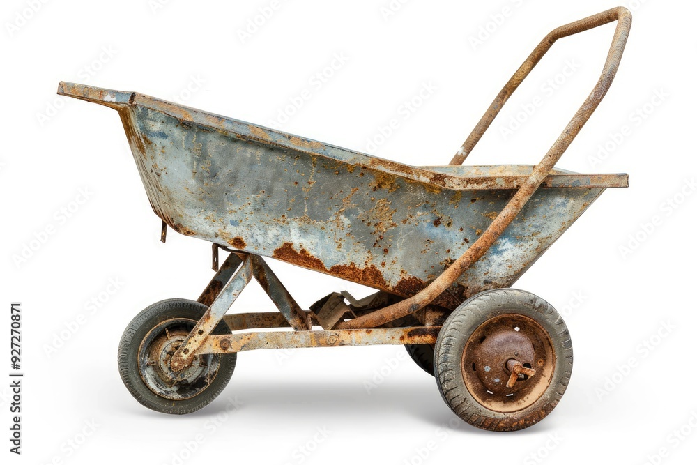 Aged metal wheelbarrow isolated on white background used for gardening Aged metal wheelbarrow isolated on white background used for gardening