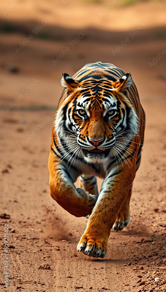 Fototapeta premium A tiger is running through a dirt road