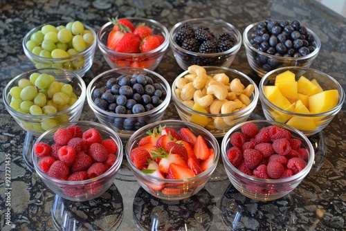 Assorted fruits and nuts beautifully arranged in heart shaped bowls photo