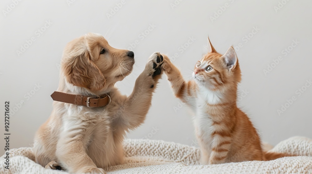 custom made wallpaper toronto digitalPuppy and kitten playing high five. A cute golden retriever puppy and an orange tabby kitten play together, giving each other a high five on a white blanket.