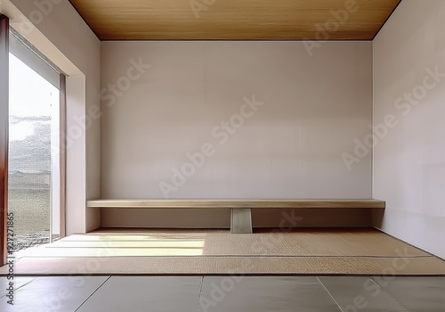 柔らかな自然光が差し込む、シンプルなデザインが際立つ和室の静かな空間。光と影のコントラストが、心に安らぎを与える癒しのひととき。generative ai