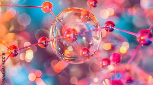 Closeup view of atomic structures with quarks and protons highlighted in vivid colors