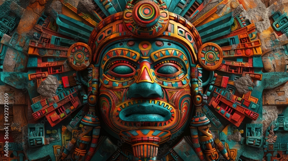 A vibrant Aztec mask carving showcases intricate designs and bright colors against a rugged stone backdrop A vibrant Aztec mask carving showcases intricate designs and bright colors against a rugged stone backdrop