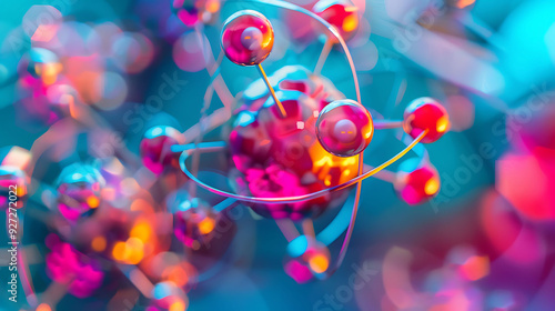 Closeup view of atomic structures with quarks and protons highlighted in vivid colors