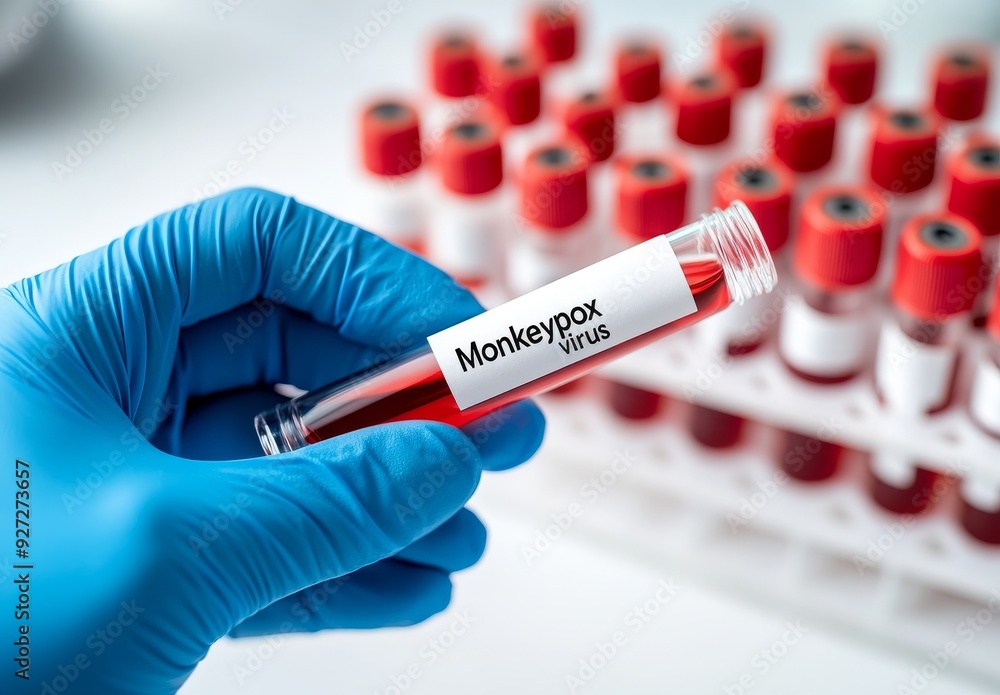 Hand in Blue Glove Holding Test Tube with Label Hand in Blue Glove Holding Test Tube with Label