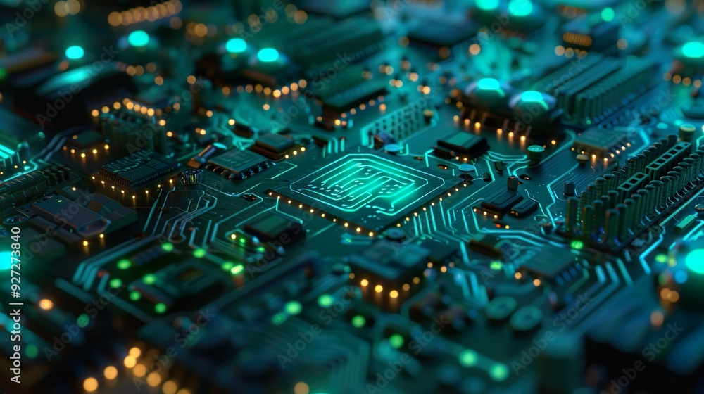 A generative AI illustration of a futuristic circuit board with vibrant green and cyan lights, with 3D elements and layers creating a sense of depth and complexity. A generative AI illustration of a futuristic circuit board with vibrant green and cyan lights, with 3D elements and layers creating a sense of depth and complexity.