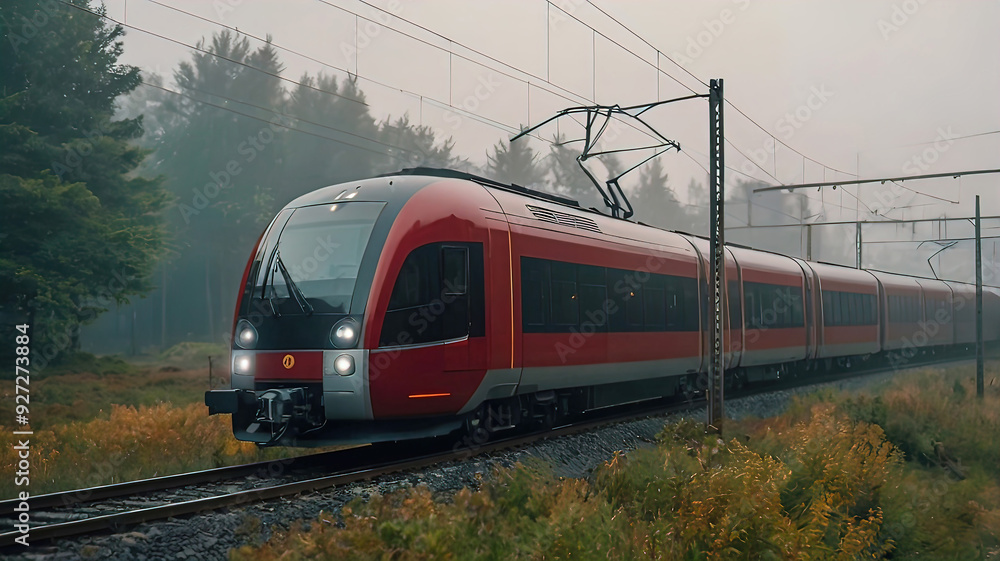 Fototapeta premium open environment of beautiful nature with modern electric train, atmosphere of the day, railway, train travels on railway