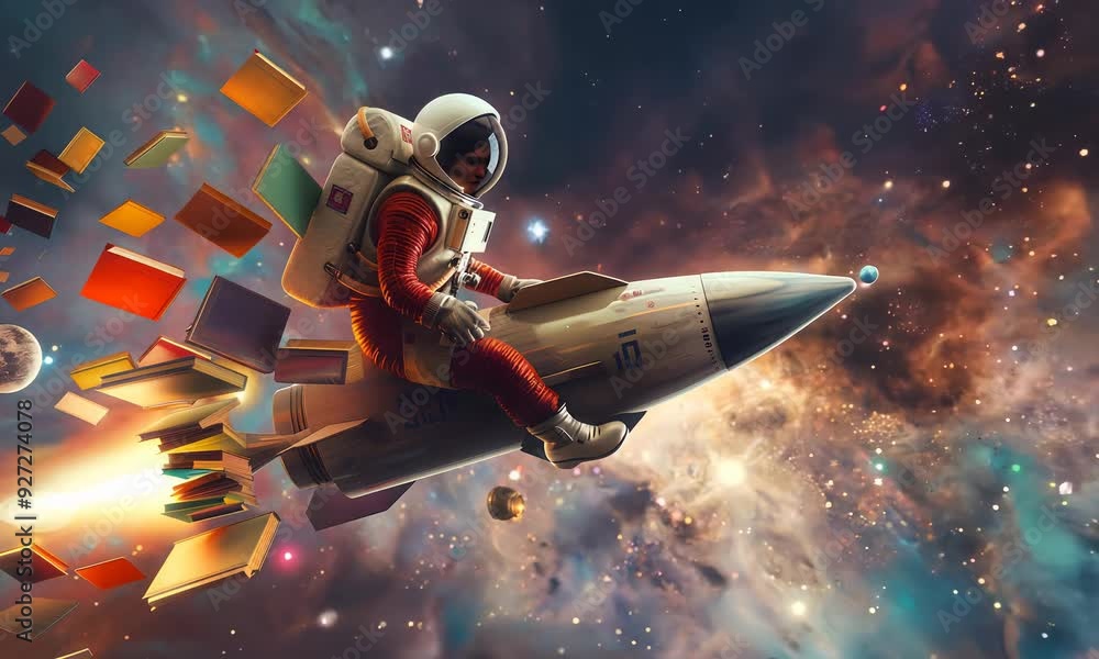 A surreal video of an astronaut riding a rocket through vibrant outer space, surrounded by floating books and cosmic colors A surreal video of an astronaut riding a rocket through vibrant outer space, surrounded by floating books and cosmic colors