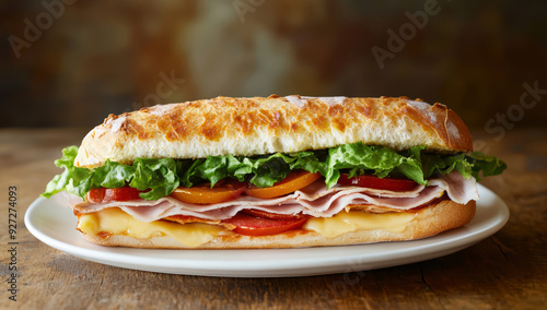 Sandwich with lettuce cheese tomatoes and ham healthy fast food breakfast or lunch