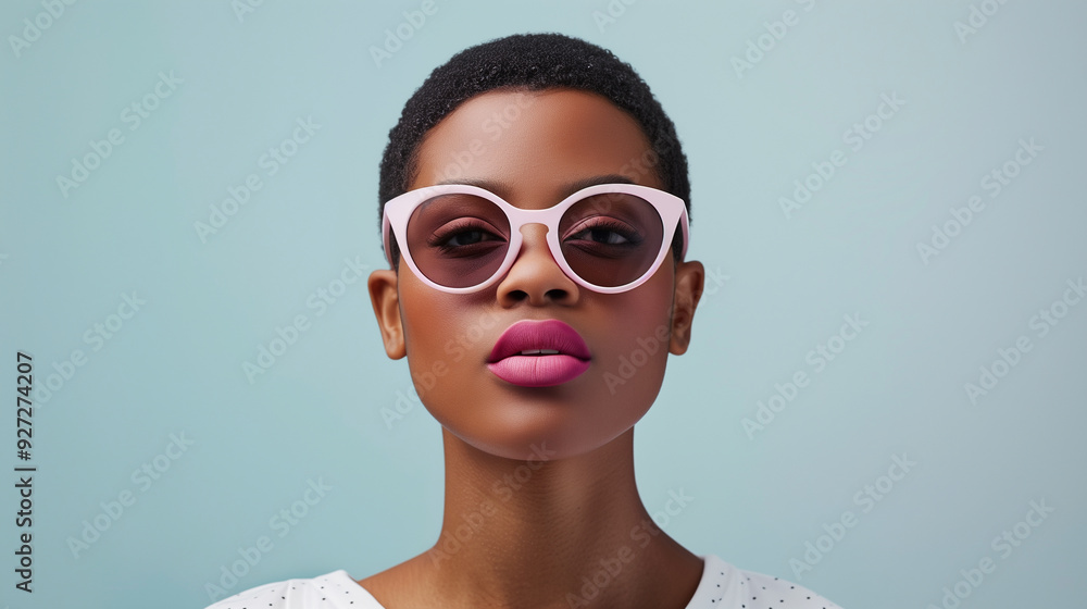A stylish woman wears trendy pink-framed sunglasses, blending perfectly with her chic look and vibrant pink lips, against a soft blue background. A stylish woman wears trendy pink-framed sunglasses, blending perfectly with her chic look and vibrant pink lips, against a soft blue background.