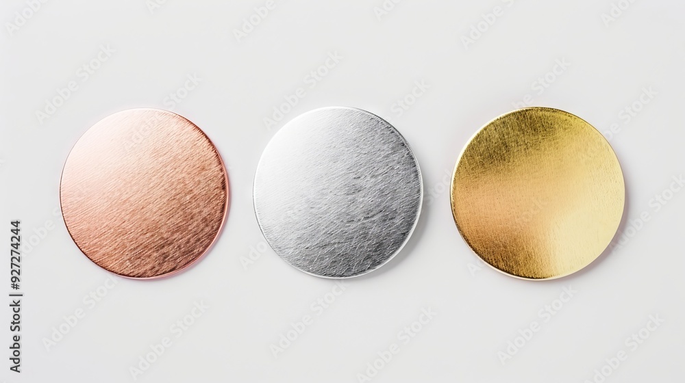 Three circular metal discs in bronze, silver, and gold. A trio of circular metal discs arranged horizontally, showcasing a bronze, silver, and gold color palette. Three circular metal discs in bronze, silver, and gold. A trio of circular metal discs arranged horizontally, showcasing a bronze, silver, and gold color palette.