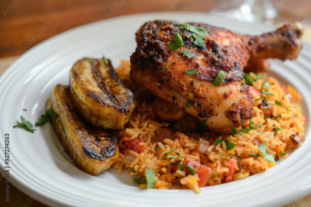 Chicken served with jollof rice and plantains Chicken served with jollof rice and plantains