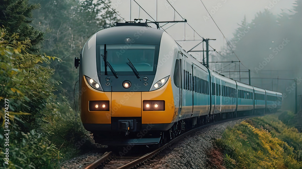 Fototapeta premium open environment of beautiful nature with modern electric train, atmosphere of the day, railway, train travels on railway