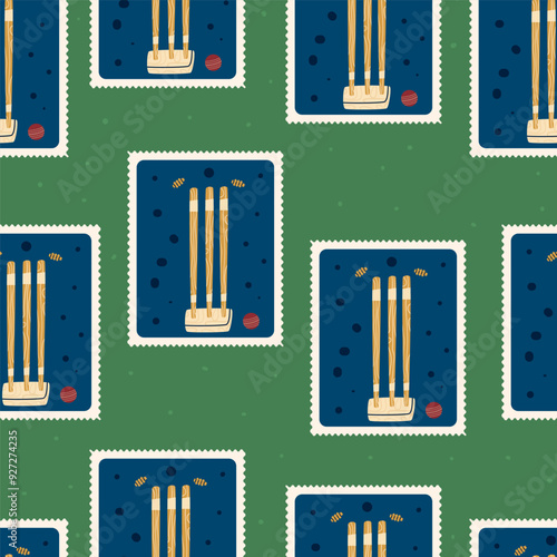 Cricket patchwork seamless pattern. Bento box wicket bails repeat background. Sport retro post stamps endless surface design. Vector hand drawn flat illustration.