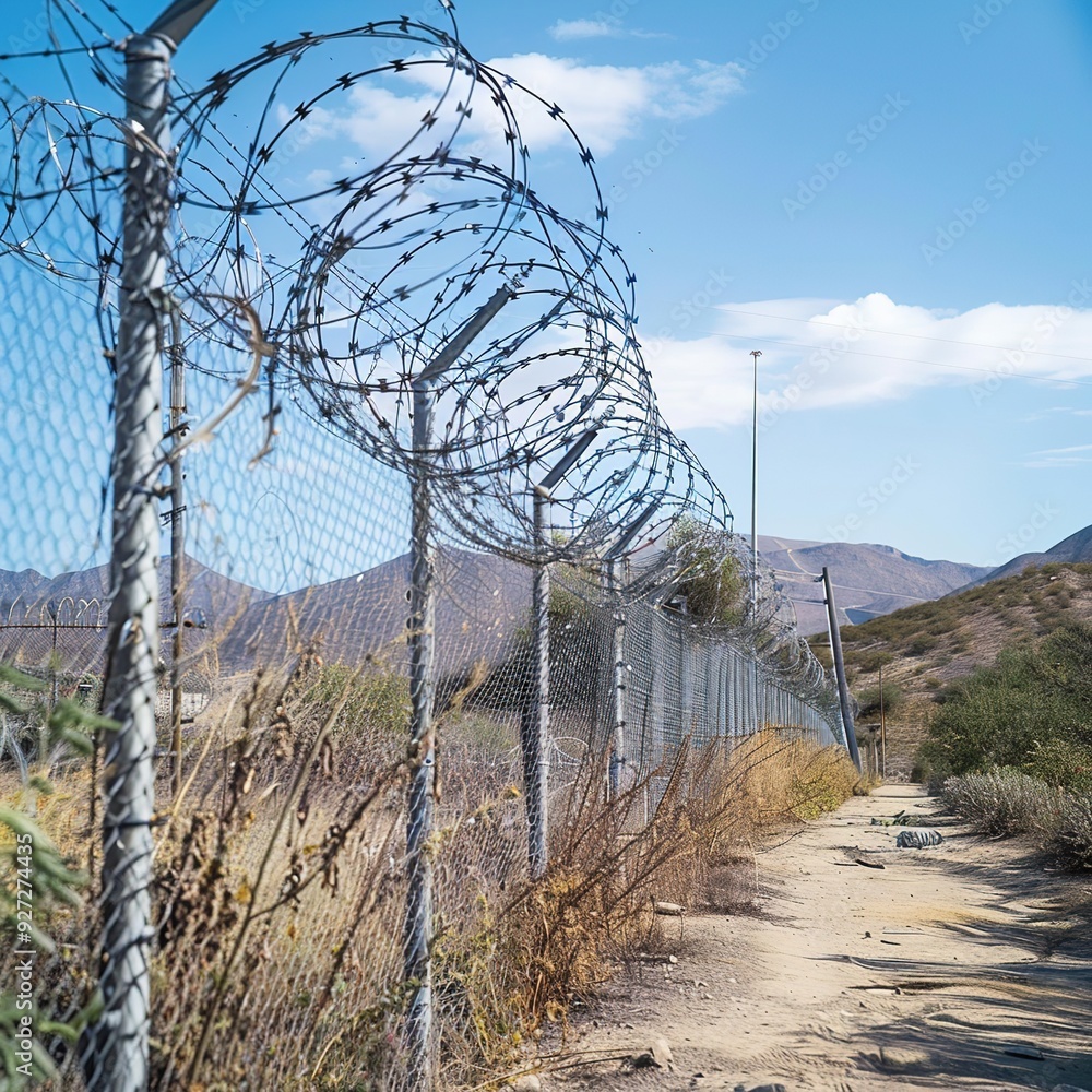 A barbed wire fence along a dirt path in a mountainous area under a clear blue sky. A barbed wire fence along a dirt path in a mountainous area under a clear blue sky.