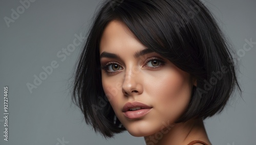 Close-up portrait of an attractive young woman with a bob cut brunette. Grey dark background. The concept of natural beauty and style.