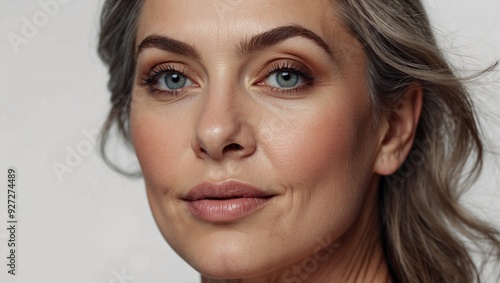 Portrait of a middle-aged woman with gray hair. Beautiful smile. The concept of natural beauty and beautiful aging. Light background. 