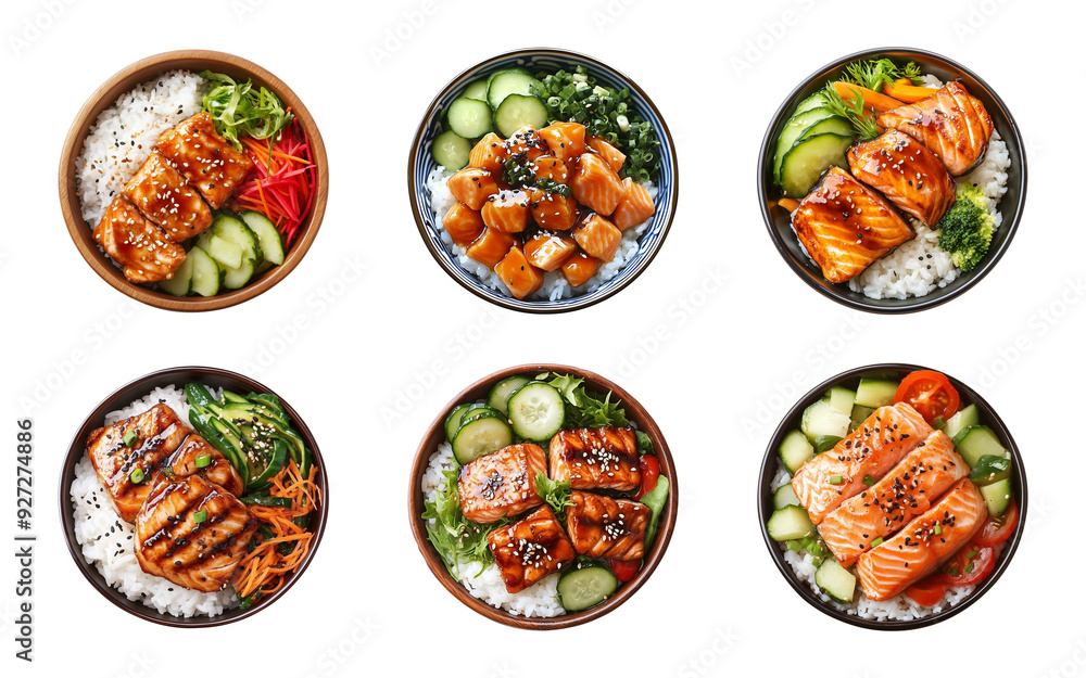 Salmon teriyaki with rice and vegetables in a bowl isolated on a transparent or white background, top view, cut-out, PNG Salmon teriyaki with rice and vegetables in a bowl isolated on a transparent or white background, top view, cut-out, PNG
