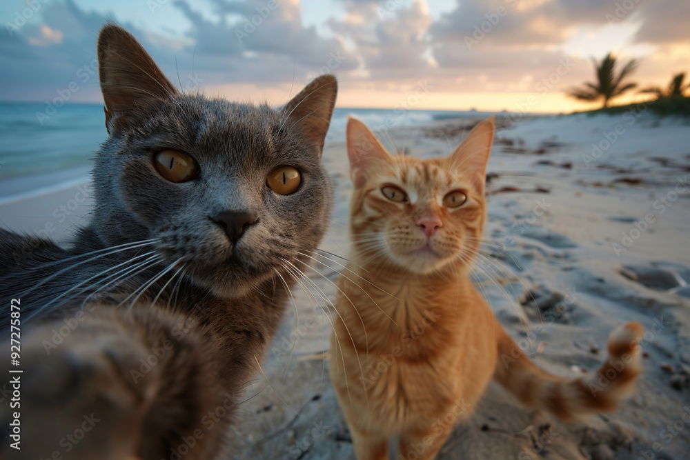 Cute grey and ginger cats making selfie photo on beach sand Cute grey and ginger cats making selfie photo on beach sand
