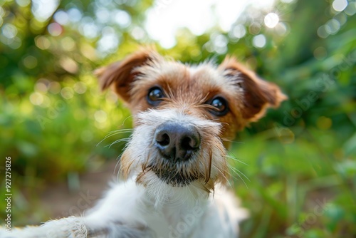 Dog taking a selfie on blurred green background