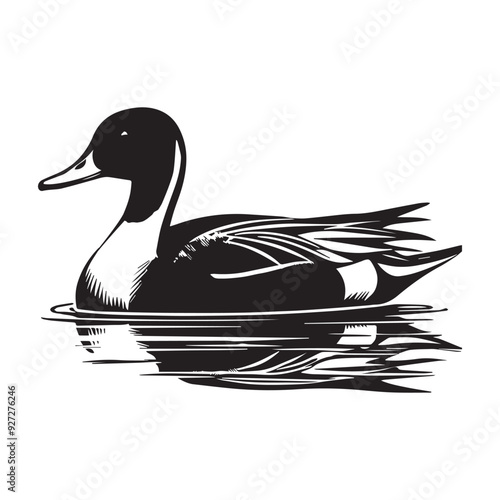 Northern Pintail Silhouette,  Wild Duck Clipart, Northern Pintail floating calmly on water illustration in black and white

