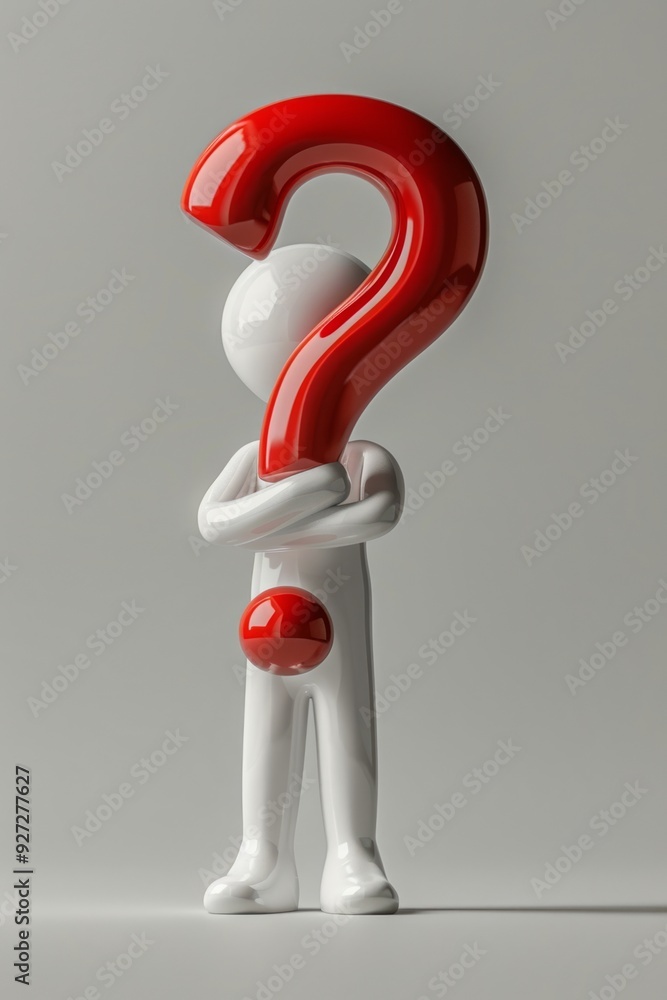 A white figure stands confidently, holding a large question mark, suggesting inquiry and curiosity in a simple environment A white figure stands confidently, holding a large question mark, suggesting inquiry and curiosity in a simple environment