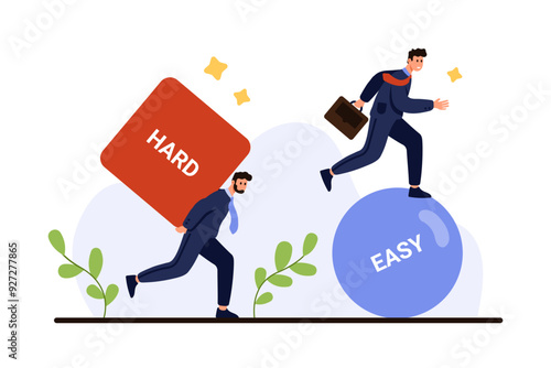 Easy and hard career way, business competition in achievement, leadership. Tiny people choose efficient and difficult paths, smarter businessman with ball running fast cartoon vector illustration