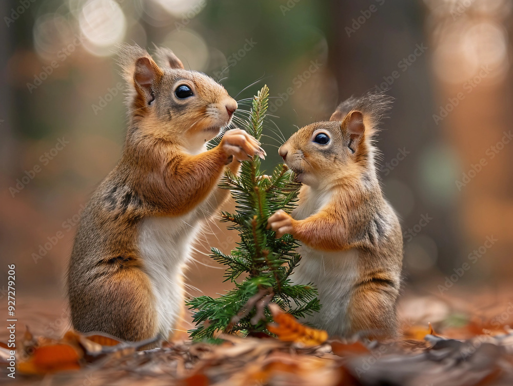 Two squirrels are playing with a Christmas tree Two squirrels are playing with a Christmas tree