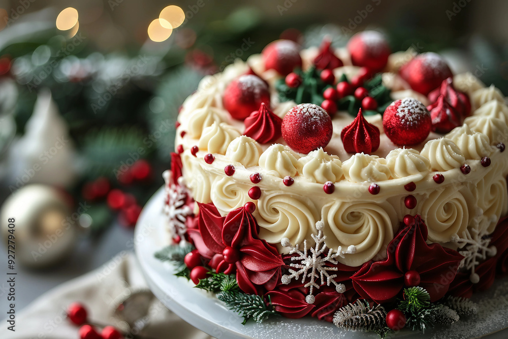 A white and red cake with red frosting and red balls on top A white and red cake with red frosting and red balls on top