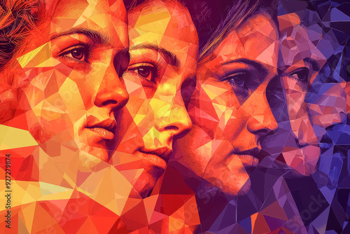 Geometric Unity in American Faces. A vibrant, geometric illustration featuring diverse women's faces in bold, warm colors, symbolizing the unity and strength of the American electorate. 