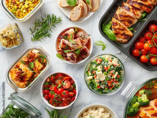 A variety of food items are displayed on a table, including a salad