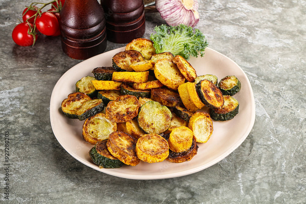 Roasted young zucchini in the plate Roasted young zucchini in the plate